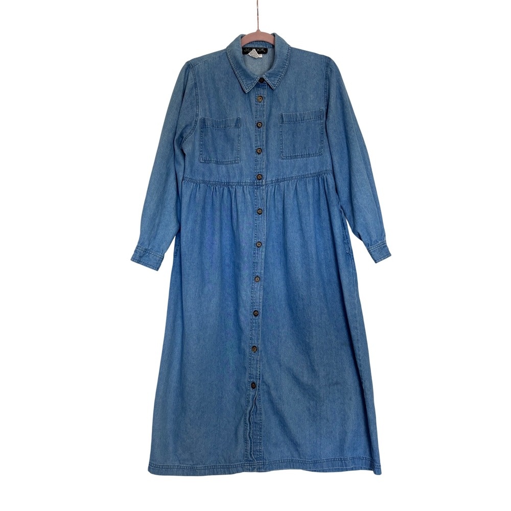 JG Hook Vintage 90's Denim Maxi Dress Blue Cotton Button Front Long Sleeve 14P